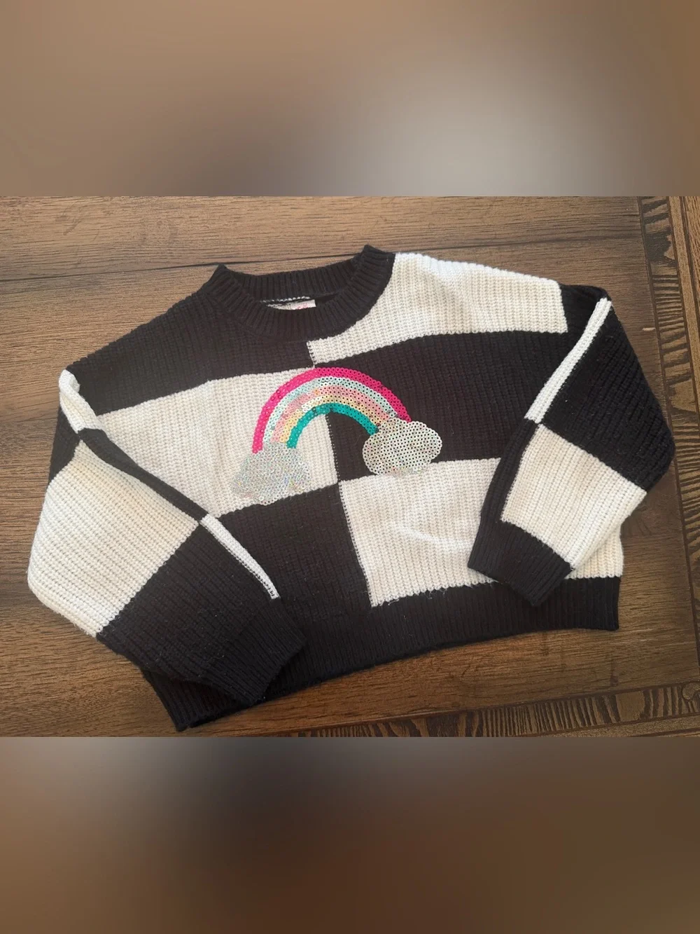 Justice Girls Size XS 5/6 Black White Chunky Stripe Sweater with Sequin Rainbow